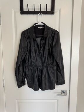Black Faux Leather Drawstring Jacket - Women